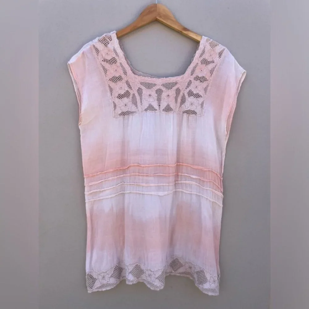 Free People Women's Peach Ombre Boho Crochet Lace Hippie Peasant Top Size M